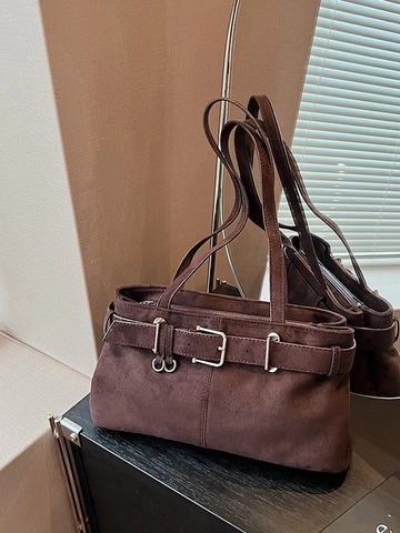 Retro Französisch Wildleder Unterarmtasche Mattiert Minimalistische Schultertasche Mit Gürtelschnalle Große Kapazität Damen Tasche