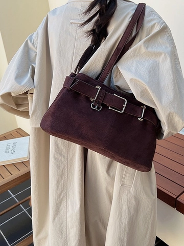 Retro Französisch Wildleder Unterarmtasche Mattiert Minimalistische Schultertasche Mit Gürtelschnalle Große Kapazität Damen Tasche