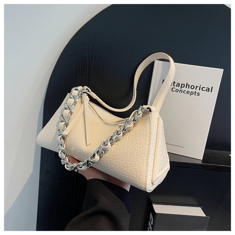 Borsa Sottobraccio in Pelle PU Moda Donna Decorazione Catena Argento Texture a Ciottoli Borsa a Tracolla Triangolo Geometrico Elegante