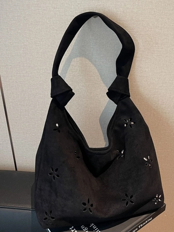 Borsa a Spalla da Donna Retro Semplice con Fiocco Design a Fiori Traforati in Pelle PU Grande Capacità Borsa Sottobraccio Moda Handbag Casual