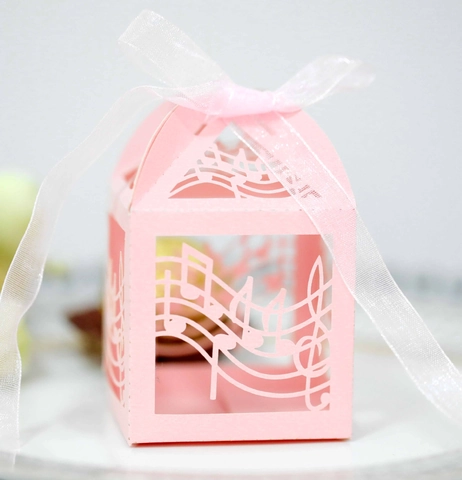 Elegant Pearl Paper Laser Cut Candy Box Music Note Musical Theme Gift Box With Ribbon Bow For Wedding Party Decoration