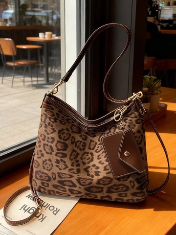 Retro PU Leather Leopard Print Shoulder Bag For Women Large Capacity Hobo Underarm Bag With Detachable Small Pouch Commute