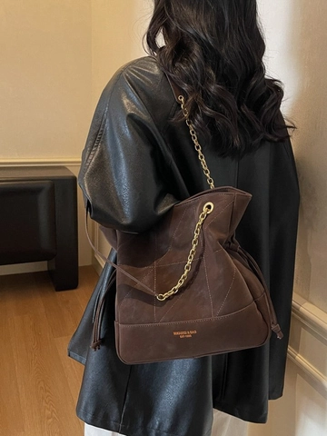 Sac Seau Rétro en Cuir PU Matelassé pour Femmes Grande Capacité Motif Losanges Bandoulière Chaîne Sac à Main Fourre-tout