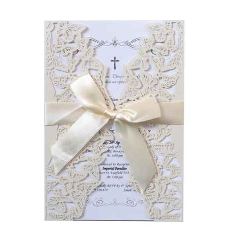 Elegant Laser Cut Butterfly Wedding Invitation Card With Satin Ribbon Bow Pearl Paper Hollow Invitations For Party Celebration