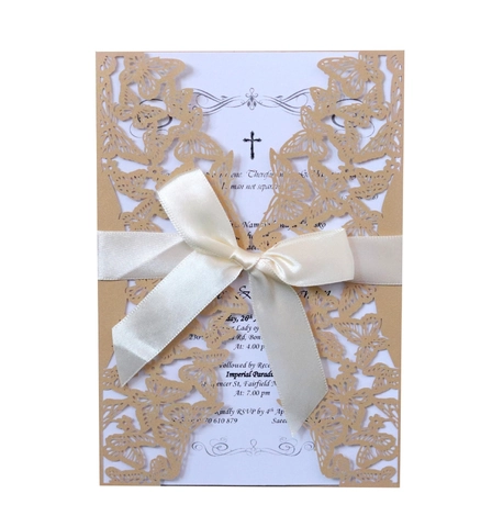 Elegant Laser Cut Butterfly Wedding Invitation Card With Satin Ribbon Bow Pearl Paper Hollow Invitations For Party Celebration