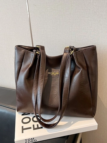 Women Large Capacity PU Leather Tote Bag Vintage Casual Shoulder Bag With Bead Charm Fashion Commuting Handbag Solid Color