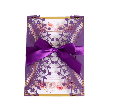 Invitations de Mariage Européennes Découpées au Laser Papier Perlé Cartes d'Invitation en Dentelle Creuse Ruban pour Anniversaire Cérémonie Événement