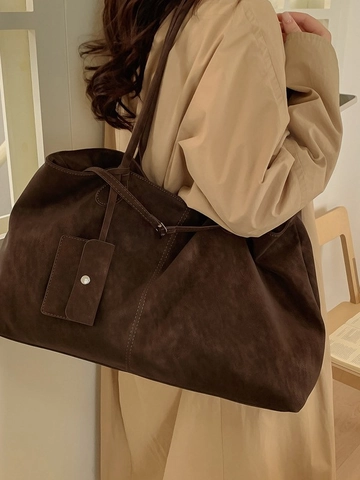 Sac Cabas en Cuir PU Mat Rétro pour Femmes Grande Capacité Sac à Épaule Avec Petite Pochette Sac à Main Minimaliste Coréen