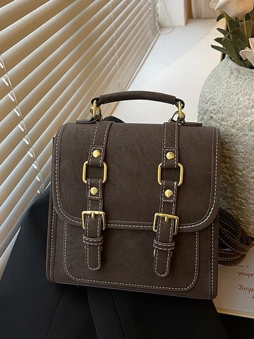Vintage PU Leder Rugzak Voor Vrouwen Dubbele Gesp Contraststiksel Crossbody Tas Multifunctionele Woon-werkverkeer Reishandtas