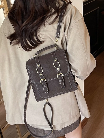 Vintage PU Leder Rugzak Voor Vrouwen Dubbele Gesp Contraststiksel Crossbody Tas Multifunctionele Woon-werkverkeer Reishandtas