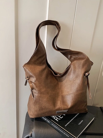 Large Capacity PU Leather Bucket Tote Bag For Women Vintage Commuter Shoulder Bag With Ribbon Bow Decoration Metal Logo