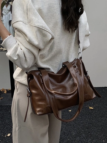 Bolso Tote de Cuero PU Vintage de Gran Capacidad para Mujer Bolso de Hombro Cruzado para Viaje Diario Acabado Aceitoso Bolso Suave Minimalista