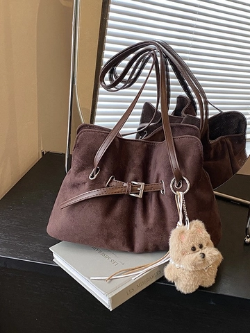 Borsa Tote da Donna Vintage di Grande Capacità Texture Scamosciata in Pelle PU Borsa a Tracolla Retro Handbag Con Ciondolo di Peluche