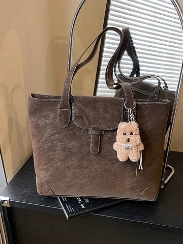 Vintage Large Capacity PU Leather Tote Bag For Women Contrast Stitching Shoulder Bag With Plush Pendant Commuter Handbag