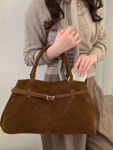 Dames Vintage Gematteerde PU Suède Textuur Tote Tas Grote Capaciteit Minimalistische Handtas Met Decoratieve Gesp Retro Tas