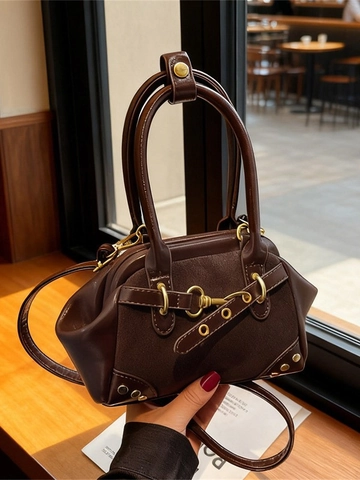 Vintage Flannel Patchwork Shoulder Bag Rivet Decoration Shell Handbag For Women Retro Crossbody Purse Casual Daily Bag