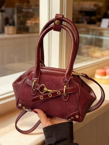 Vintage Flannel Patchwork Shoulder Bag Rivet Decoration Shell Handbag For Women Retro Crossbody Purse Casual Daily Bag