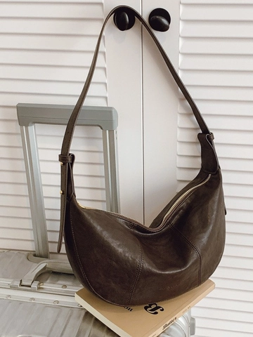 Vintage PU Leather Pleated Crescent Crossbody Bag For Women Fashion Stitching Shoulder Bag With Adjustable Strap Solid Color