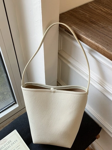 Bolso de Cubo para Mujer de Cuero PU con Patrón de Litchi Gran Capacidad Color Sólido Retro Minimalista Bolso de Mano