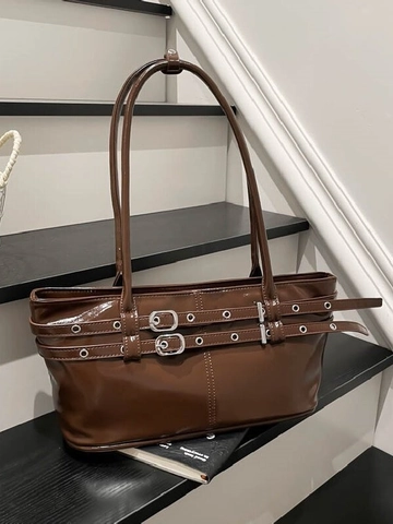 Borsa da Sottobraccio in Pelle PU Verniciata Donna Stile Vintage Y2K Borsa a Tracolla Grande Capacità Con Cinturini a Fibbia