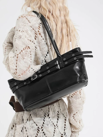 Borsa da Sottobraccio in Pelle PU Verniciata Donna Stile Vintage Y2K Borsa a Tracolla Grande Capacità Con Cinturini a Fibbia