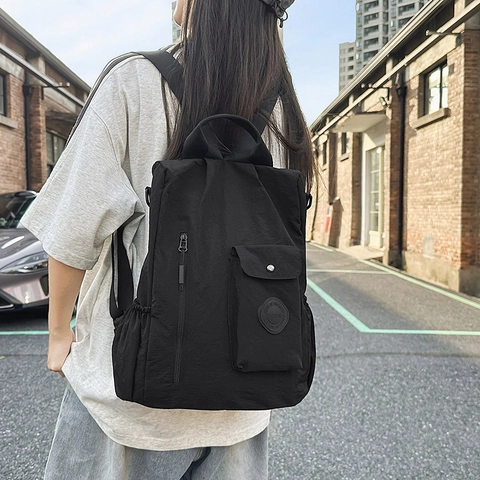 Large Capacity Casual Nylon Backpack For Women Men Urban Commuter Travel School Bag With Crinkled Texture Multi Pockets