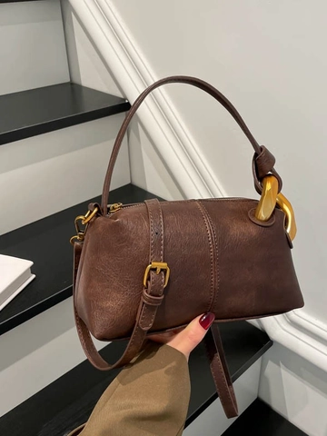 Sac Bandoulière Oreiller Vintage Cuir PU Pour Femme Sac Main Rétro Avec Décoration Maillon Métal Doré Mode Navette