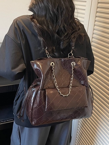 Fashion Women Quilted PU Leather Backpack Large Capacity Chain Tote Bag Korean Style Glossy Commuter Shoulder Bag