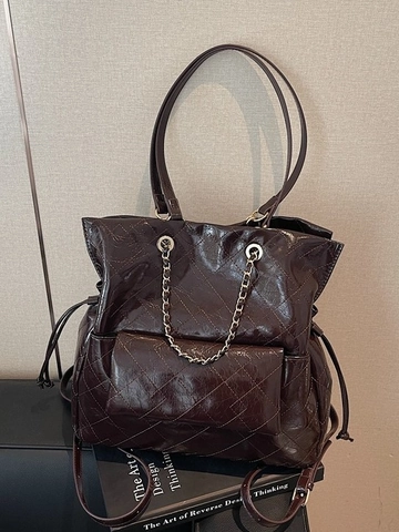 Fashion Women Quilted PU Leather Backpack Large Capacity Chain Tote Bag Korean Style Glossy Commuter Shoulder Bag
