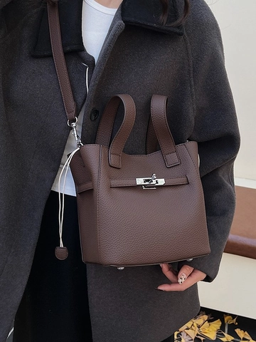 Borsa a Secchiello da Donna in Pelle PU a Grana di Litchi Chiusura a Vite in Metallo Grande Capacità Borsa a Tracolla Pendolare