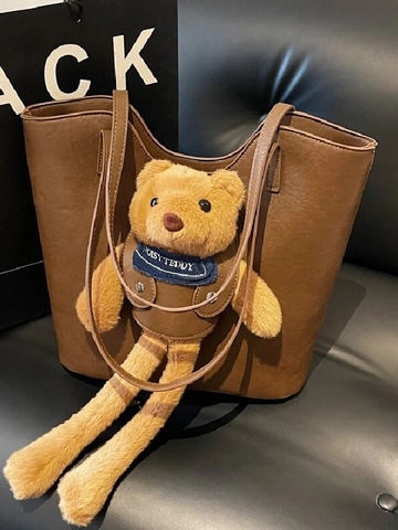 Large Capacity Cartoon Bear Tote Bag Women Fashion PU Leather Shoulder Bag Casual Daily Solid Color Stitching Tote Bag