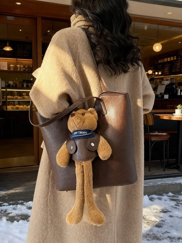 Large Capacity Cartoon Bear Tote Bag Women Fashion PU Leather Shoulder Bag Casual Daily Solid Color Stitching Tote Bag
