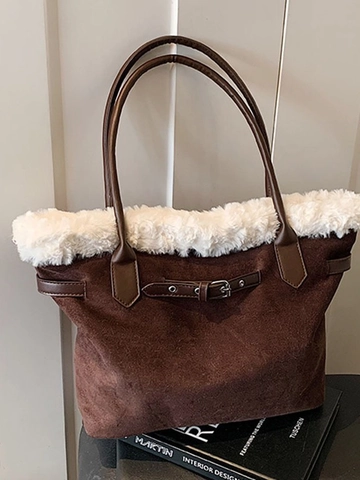 Sac Fourre-tout en PU de Grande Capacité Vintage pour Femmes Avec Garniture en Peluche Boucle en Métal Sac à Bandoulière Décontracté