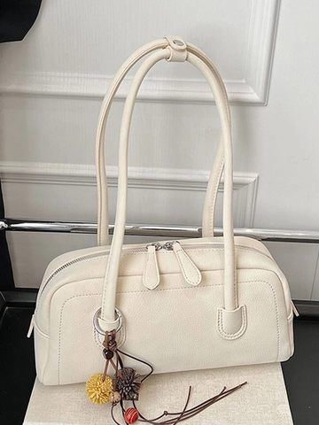 Vintage Luxus PU Leder Boston Bowling Tasche Für Damen Mode Kleine Umhängetasche Mit Kontrastnähten Und Abnehmbarem Anhänger