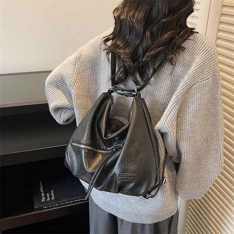 Borsa a Spalla Hobo in Pelle PU Vintage di Grande Capacità per Donna Borsa Tote Casual Rétro Con Decoro a Cerniera Borsa a Tracolla di Moda