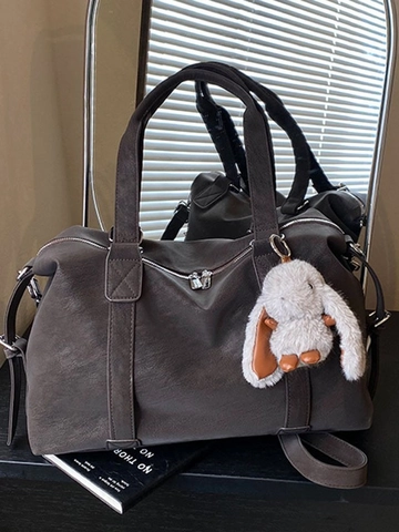 Minimalist Large Capacity Vintage PU Leather Tote Bag For Women Commute Shoulder Bag With Plush Rabbit Pendant