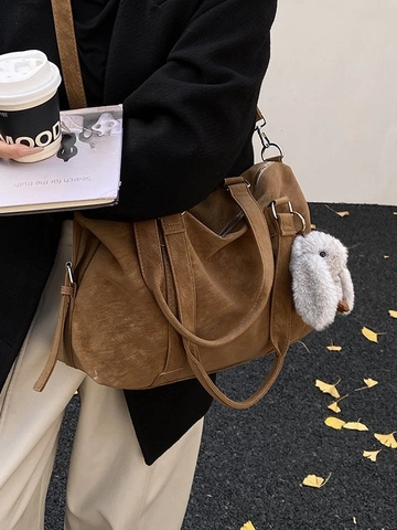 Minimalist Large Capacity Vintage PU Leather Tote Bag For Women Commute Shoulder Bag With Plush Rabbit Pendant