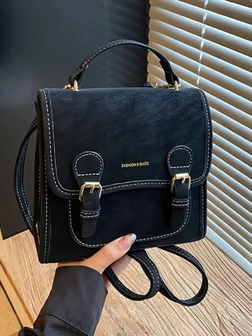 Vintage Preppy Women PU Leather Backpack Frosted Contrast Stitching Handbag Small Retro School Bag For Daily Casual Travel