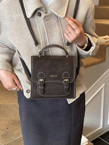 Vintage Preppy Women PU Leather Backpack Frosted Contrast Stitching Handbag Small Retro School Bag For Daily Casual Travel
