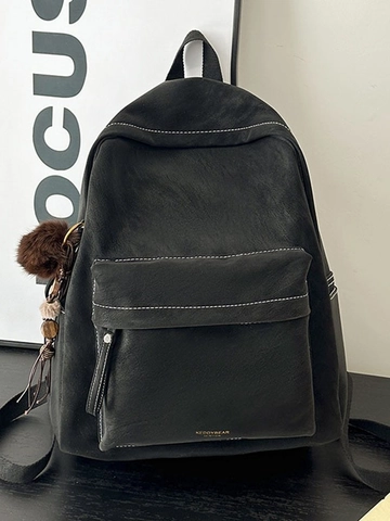 Retro Minimalist Women Casual Backpack Large Capacity School Bag Contrast Stitching PU Leather Travel Backpack With Fur Ball Pendant
