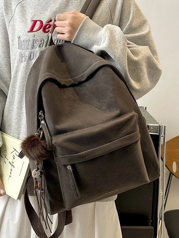 Retro Minimalist Women Casual Backpack Large Capacity School Bag Contrast Stitching PU Leather Travel Backpack With Fur Ball Pendant