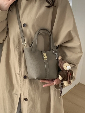 Sac Seau pour Femmes en Cuir PU à Grain de Litchi Rétro Sac à Bandoulière Minimaliste avec Verrou et Bandoulière Amovible