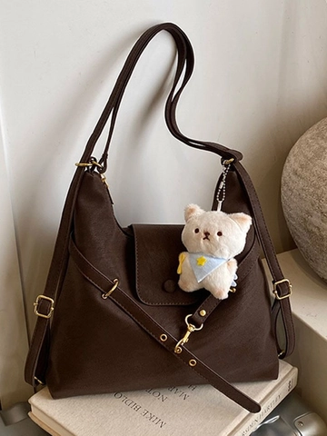 Vintage Large Capacity Tote Bag For Women Matte PU Leather Shoulder Bag With Cute Plush Charm Retro Commuter Hobo Bag
