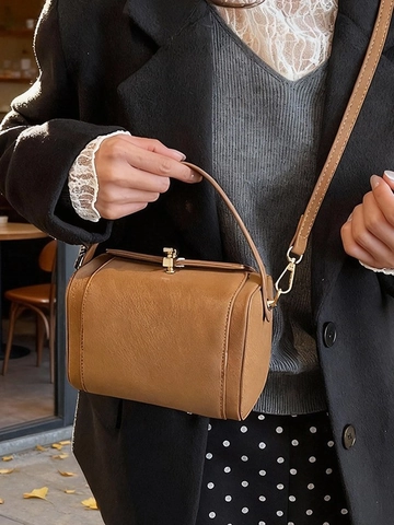 Vintage PU Leather Shoulder Bag For Women Large Capacity Retro Crossbody Bag With Lock Commuter Square Handbag Solid Color Elegant Fashion Bag