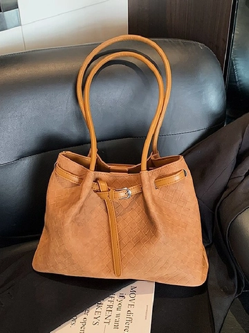 Grand Sac Fourre-Tout en PU Tissé Rétro pour Femmes Sac à Bandoulière Tressé Sac à Main Texture Mode pour le Bureau Quotidien