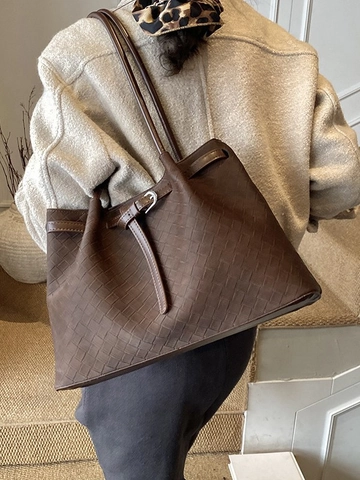 Grand Sac Fourre-Tout en PU Tissé Rétro pour Femmes Sac à Bandoulière Tressé Sac à Main Texture Mode pour le Bureau Quotidien