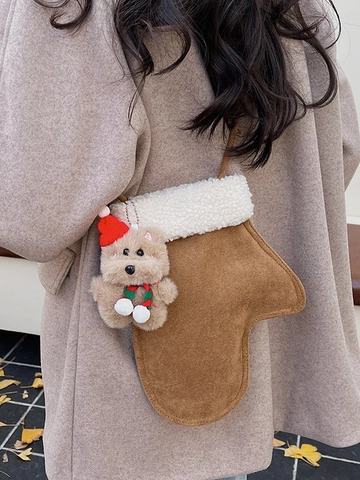 Vintage Faux Suede Lambswool Christmas Crossbody Bag Cute Glove Boot Shaped Plush Shoulder Bag With Bear Charm For Women