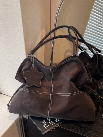 Borsa Tote da Donna Retro in Pelle PU Grande Capacità Cuciture a Contrasto Ciondolo a Stella Moda Pendolare Borsa a Spalla