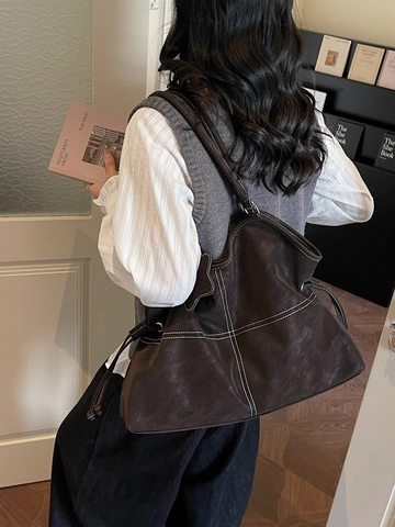 Borsa Tote da Donna Retro in Pelle PU Grande Capacità Cuciture a Contrasto Ciondolo a Stella Moda Pendolare Borsa a Spalla