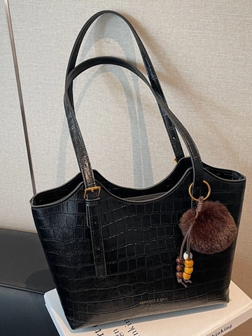 Borsa a Tracolla in Pelle PU con Motivo a Coccodrillo Retrò Donna Grande Capacità Tote Borsa a Secchiello con Ciondolo in Peluche
